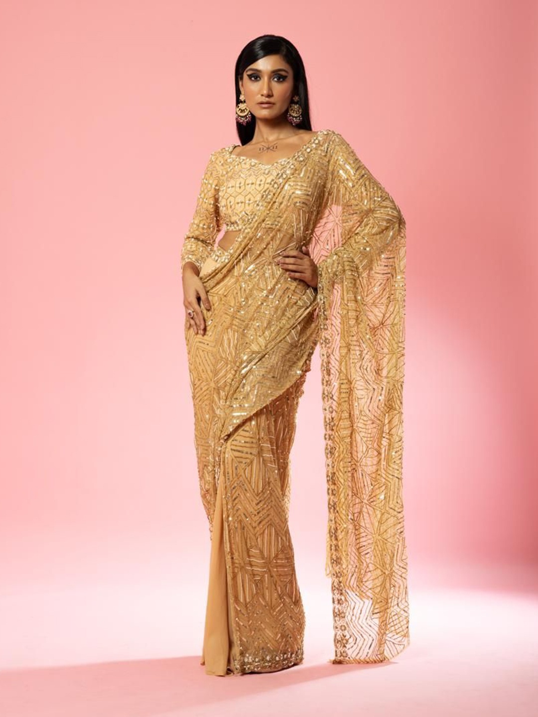 

Quench A Thirst Embellished Schiffli Pure Georgette Heavy Work Saree, Gold