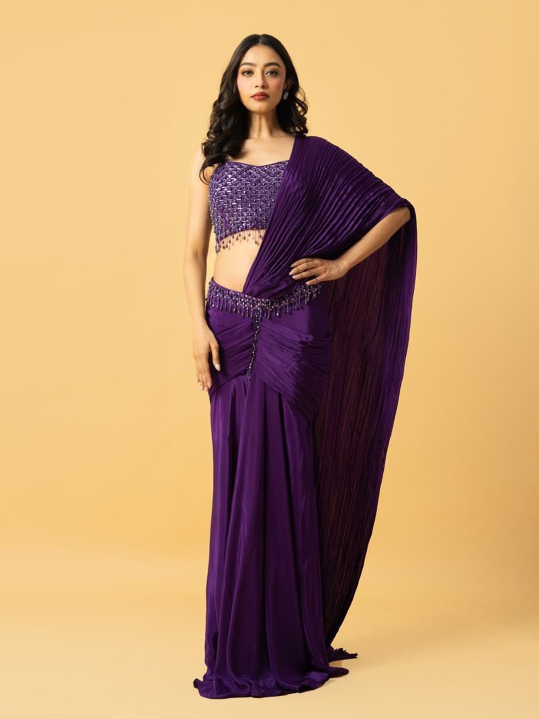 

Quench A Thirst Beads and Stones Poly Crepe Belted Saree, Violet