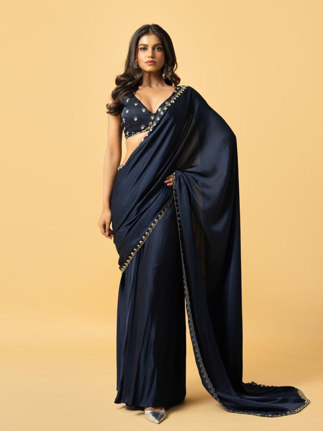 

Quench A Thirst Beads and Stones Pure Silk Saree, Blue