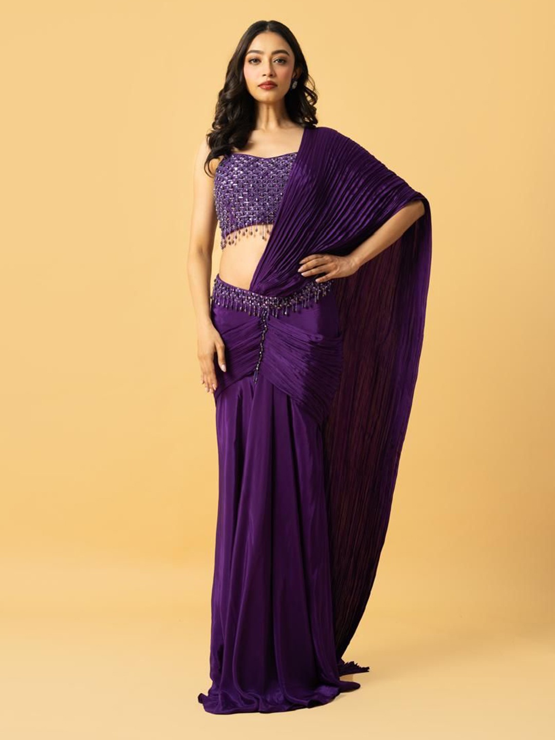 

Quench A Thirst Striped Beads and Stones Poly Crepe Saree, Violet