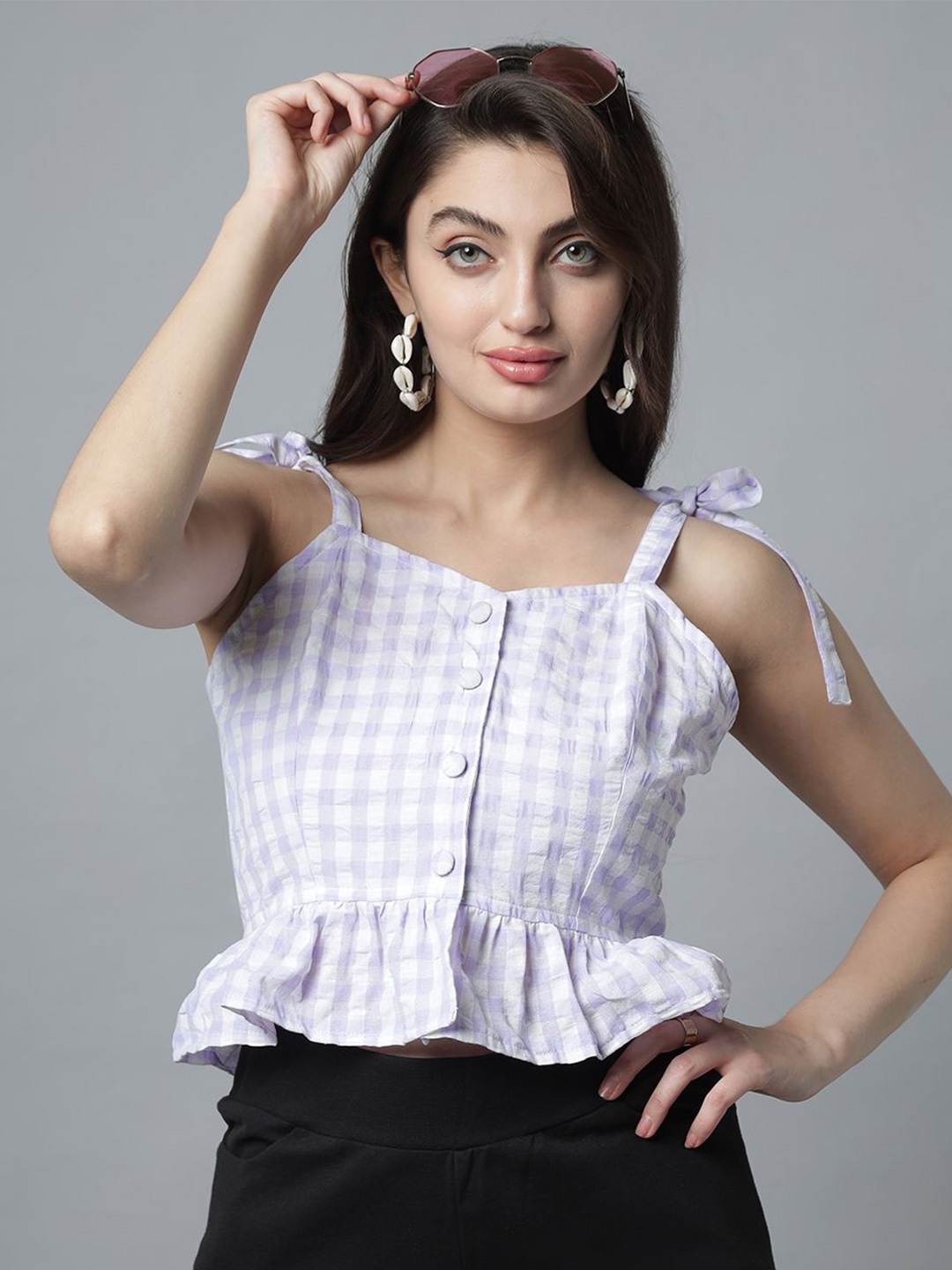 

DressBerry Checked Cotton Peplum Crop Top, Purple