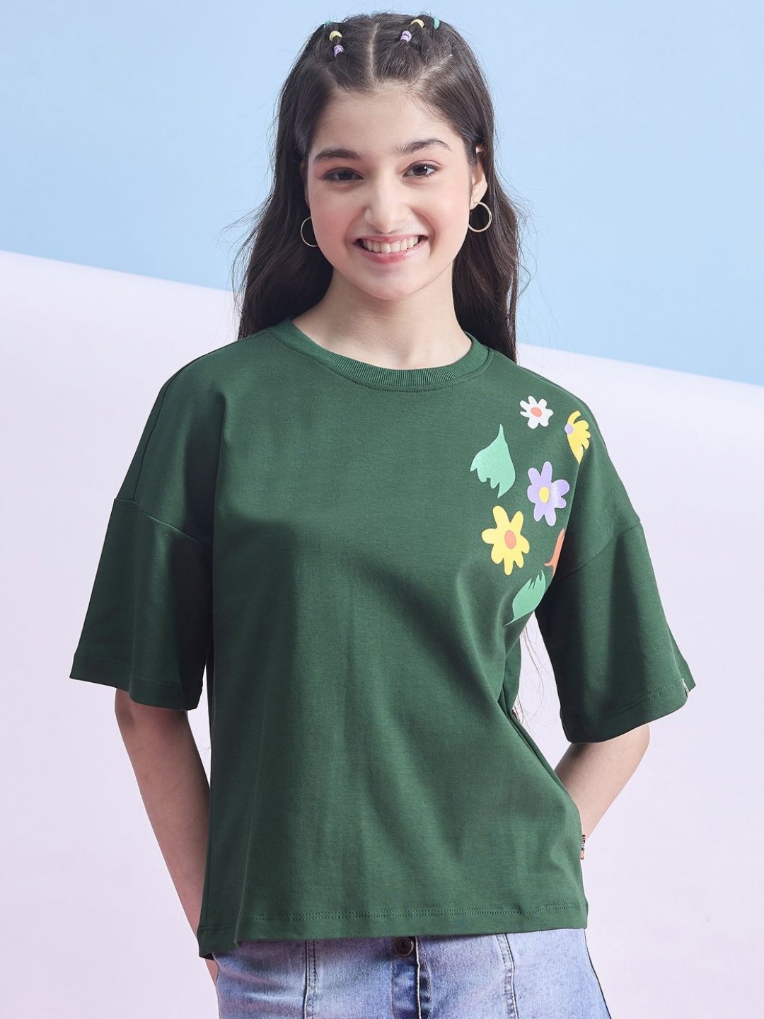 

Stylo Bug Girls Henley Neck Linen Blend Pockets T-shirt, Green