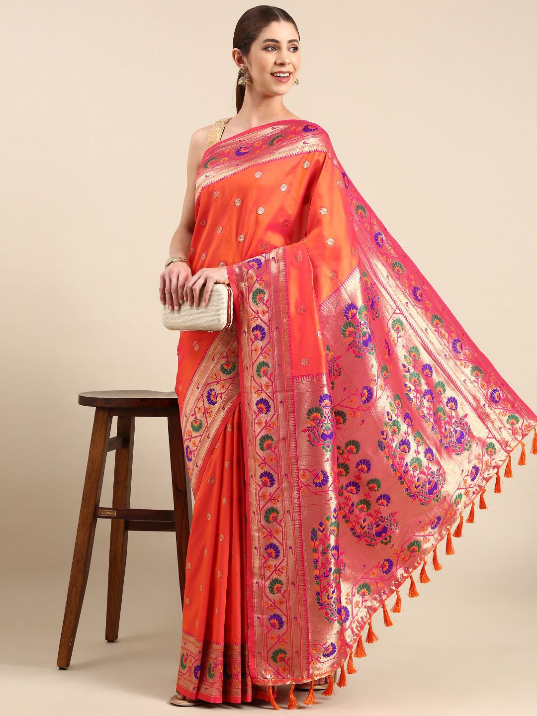 

VASTRANAND Woven Design Zari Art Silk Paithani Saree, Orange