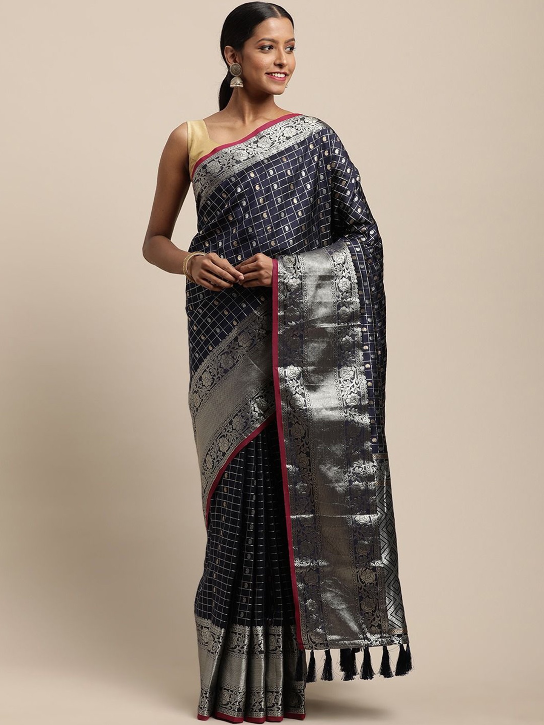 

VASTRANAND Woven Design Zari Art Silk Kanjeevaram Saree, Navy blue