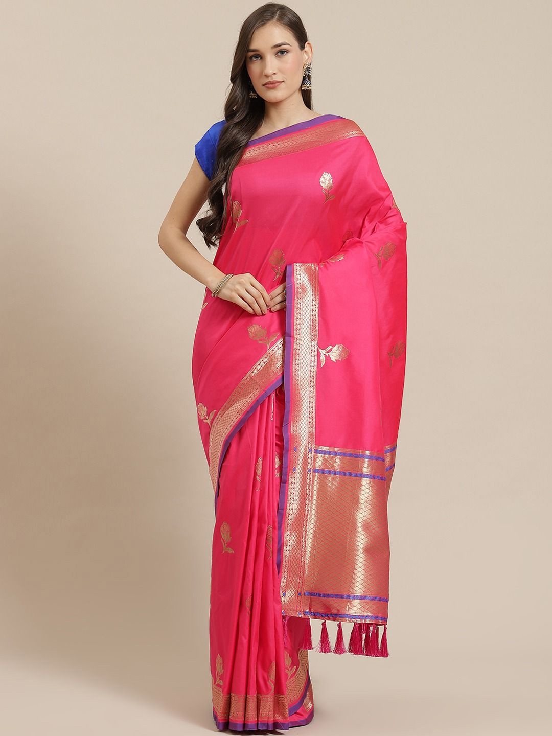 

VASTRANAND Ethnic Motifs Zari Art Silk Banarasi Saree, Coral