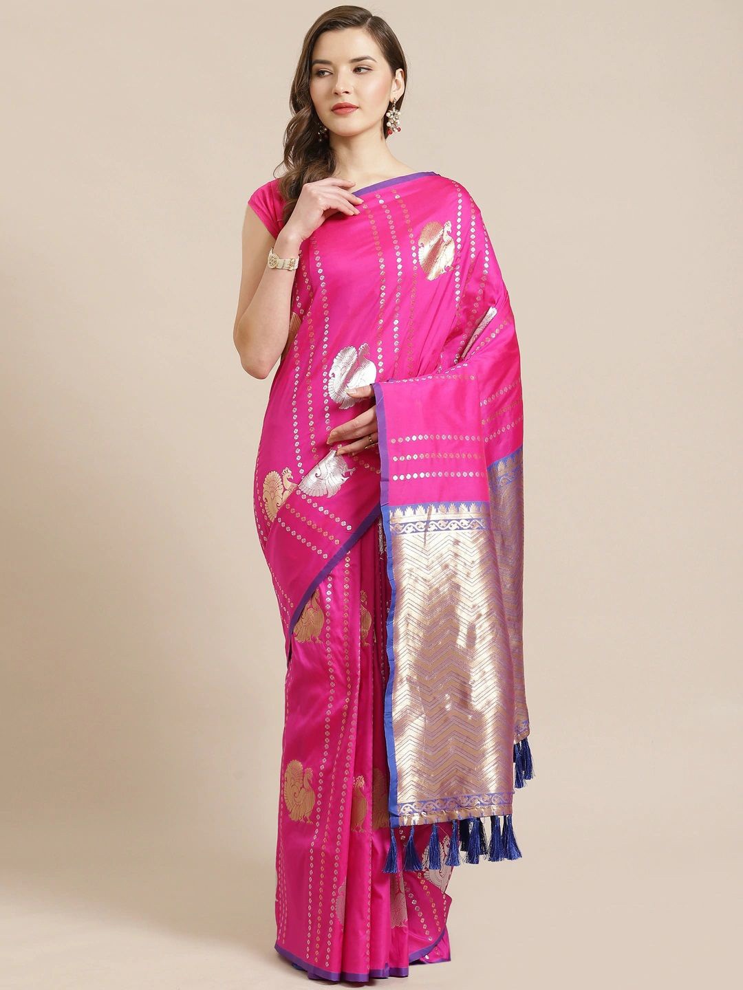 

VASTRANAND Ethnic Motifs Zari Art Silk Banarasi Saree, Magenta