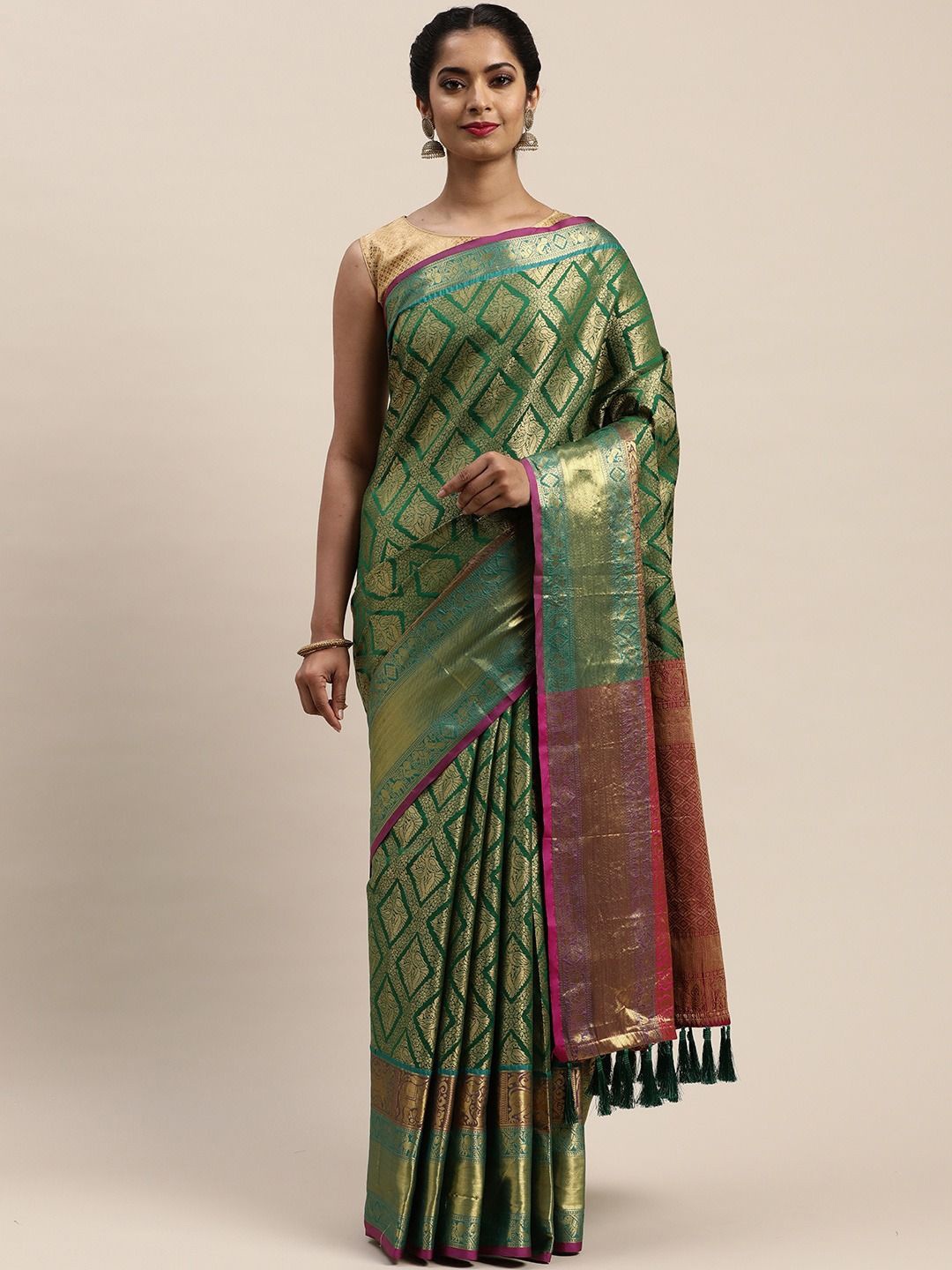

VASTRANAND Ethnic Motifs Zari Art Silk Banarasi Saree, Green