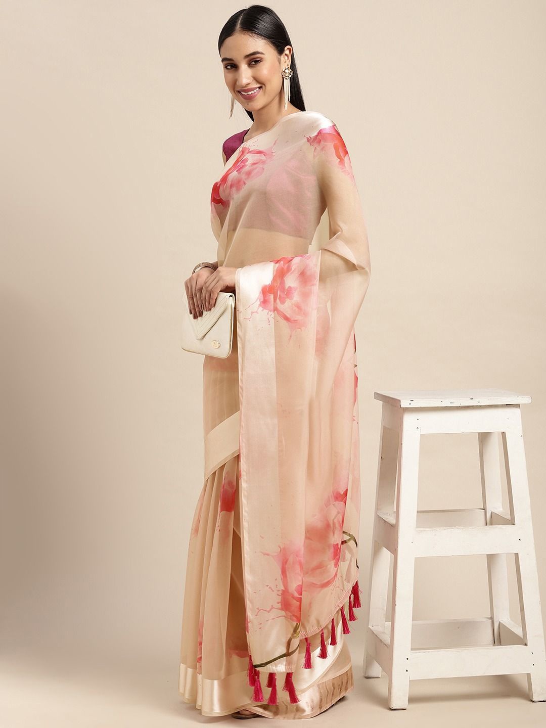 

VASTRANAND Floral Organza Saree, Beige