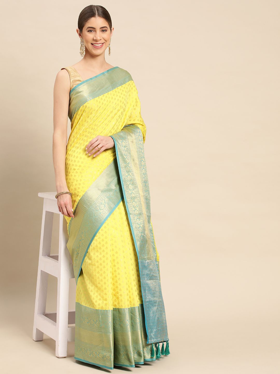 

VASTRANAND Ethnic Motifs Zari Art Silk Banarasi Saree, Yellow