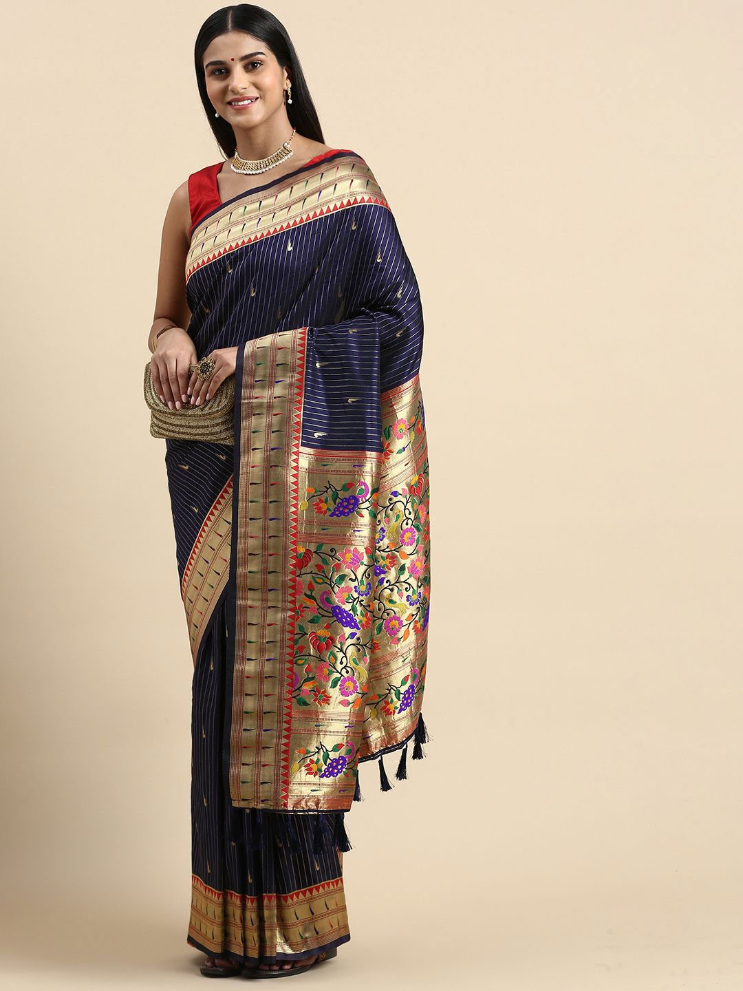 

VASTRANAND Woven Design Zari Art Silk Paithani Saree, Navy blue
