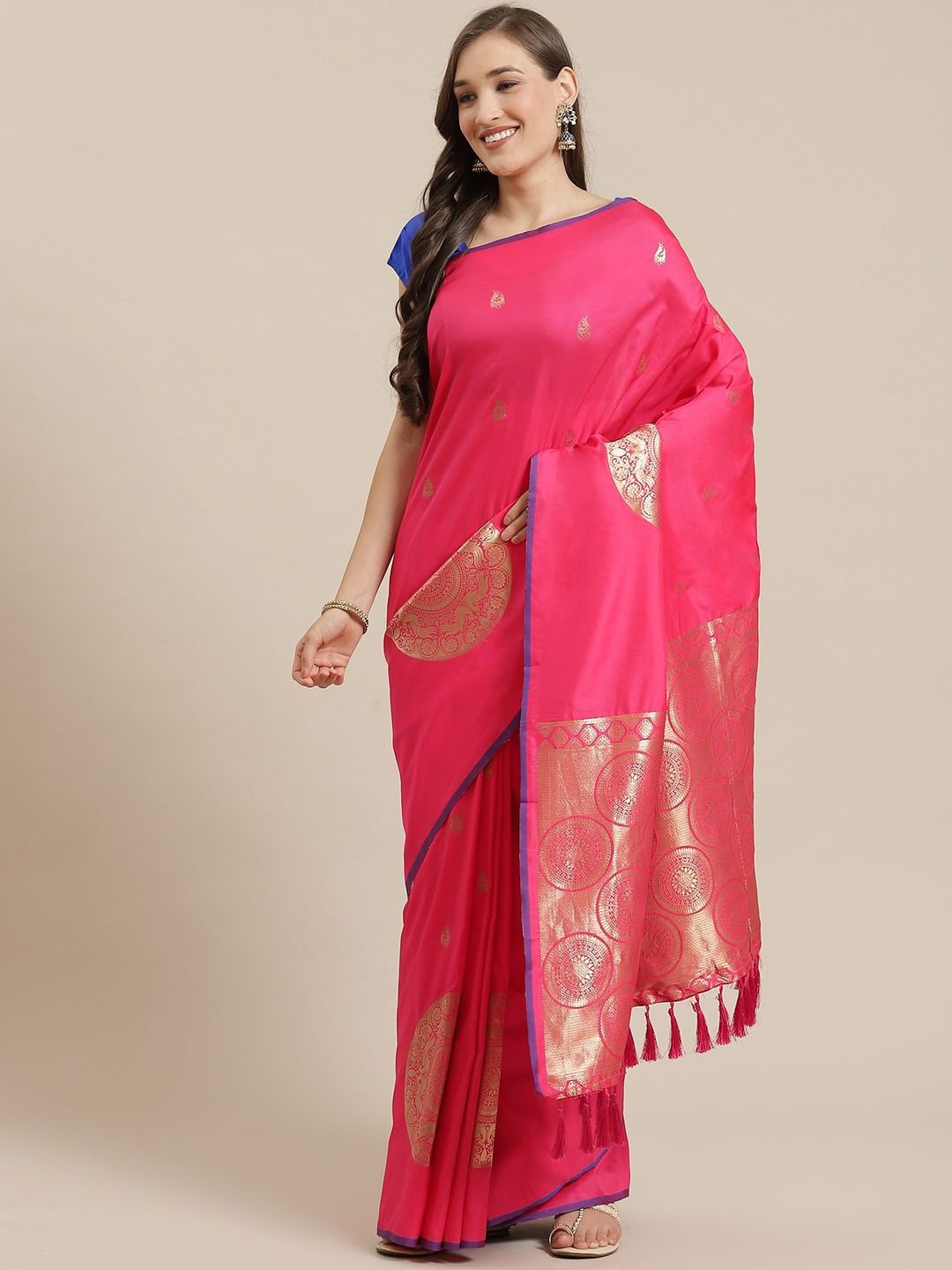 

VASTRANAND Ethnic Motifs Zari Art Silk Banarasi Saree, Pink