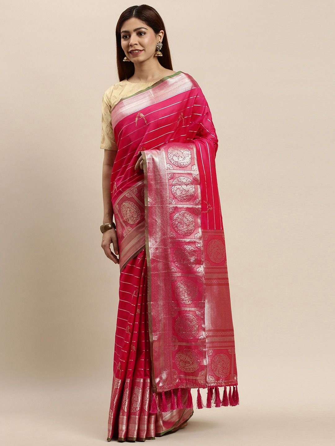 

VASTRANAND Striped Zari Art Silk Banarasi Saree, Pink