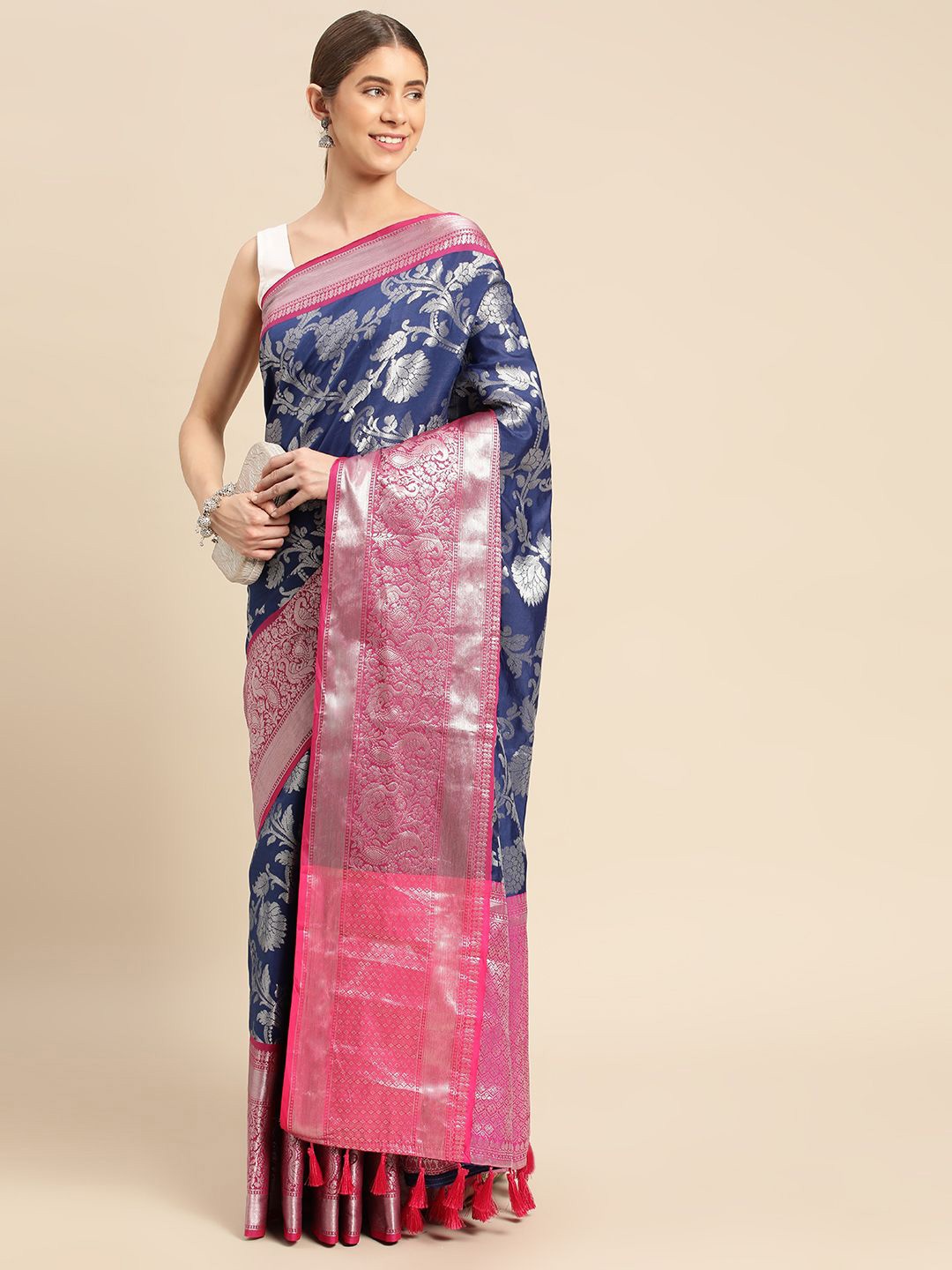 

VASTRANAND Ethnic Motifs Zari Art Silk Banarasi Saree, Navy blue