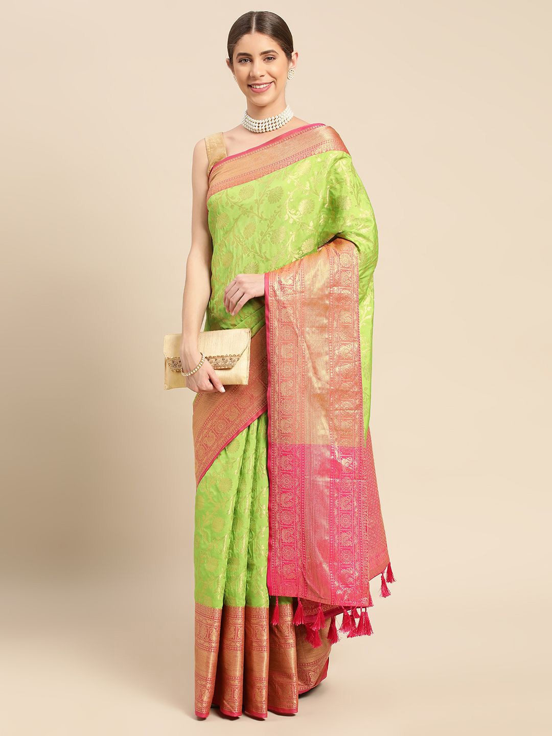 

VASTRANAND Woven Design Zari Art Silk Banarasi Saree, Lime green