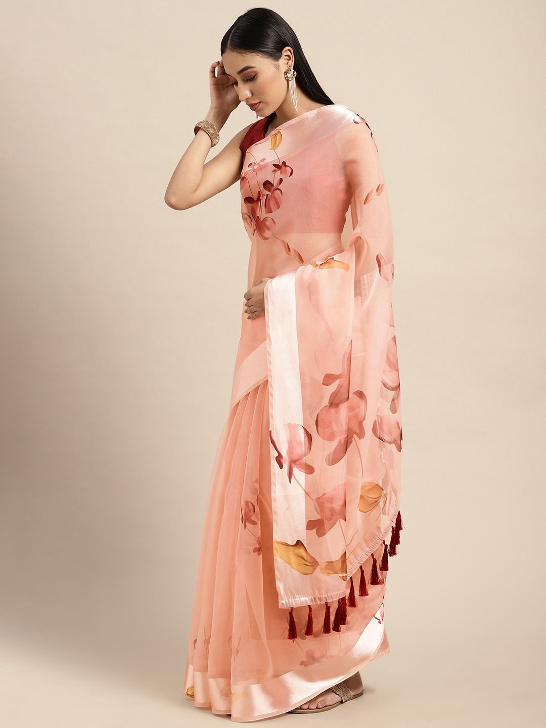 

VASTRANAND Floral Organza Saree, Pink