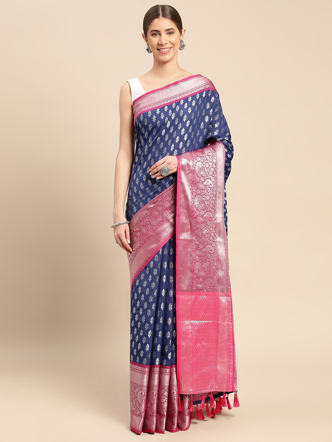 

VASTRANAND Ethnic Motifs Zari Art Silk Banarasi Saree, Navy blue