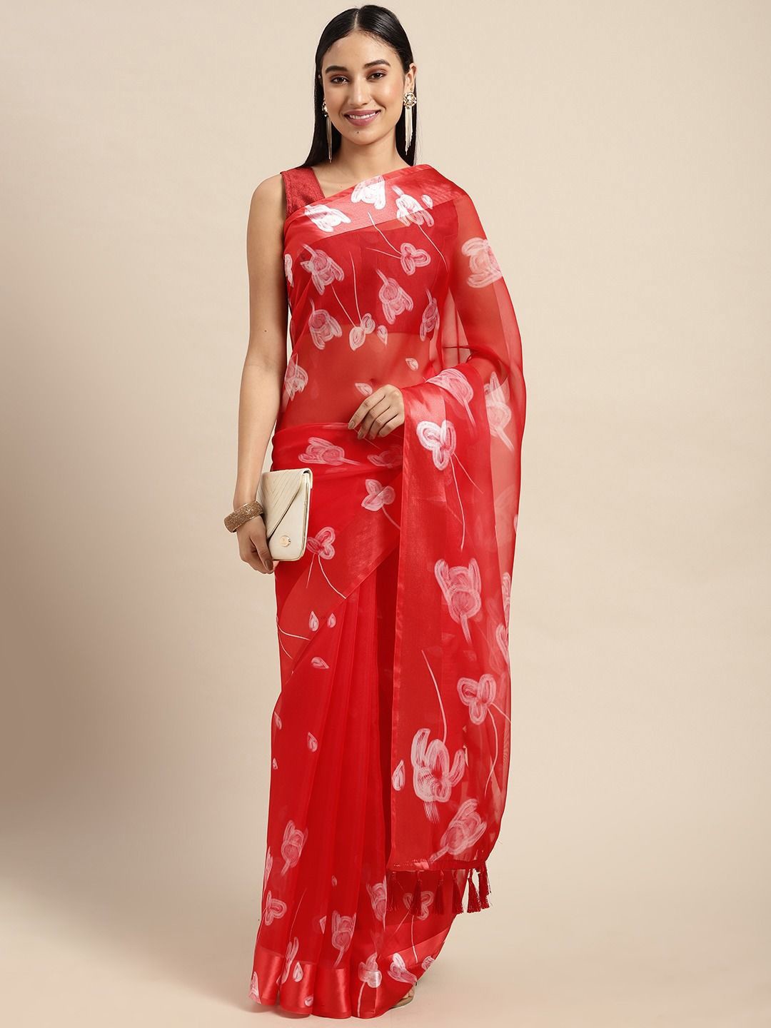 

VASTRANAND Floral Organza Saree, Red