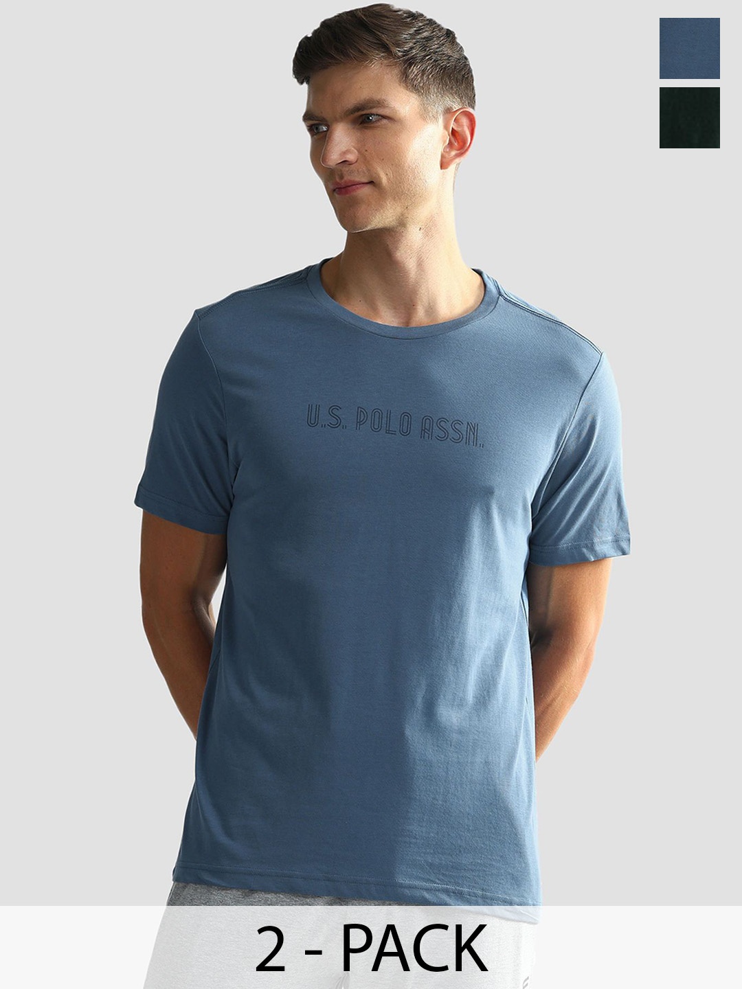 

U.S. Polo Assn. Men Pack Of 2 Printed Pure Cotton Lounge T-Shirts, Blue