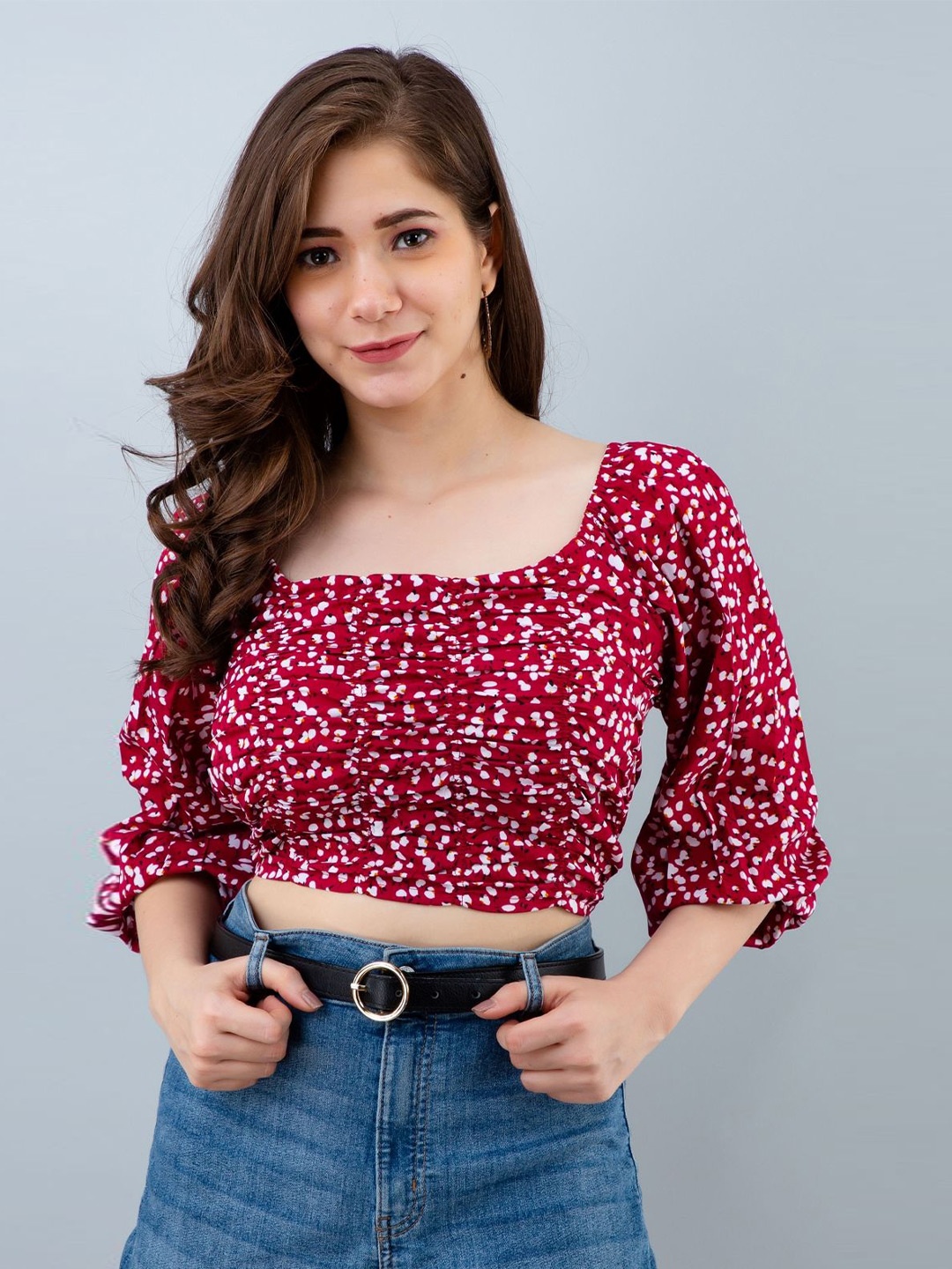 

PRETTY LOVING THING Floral Print Crepe Blouson Crop Top, Red