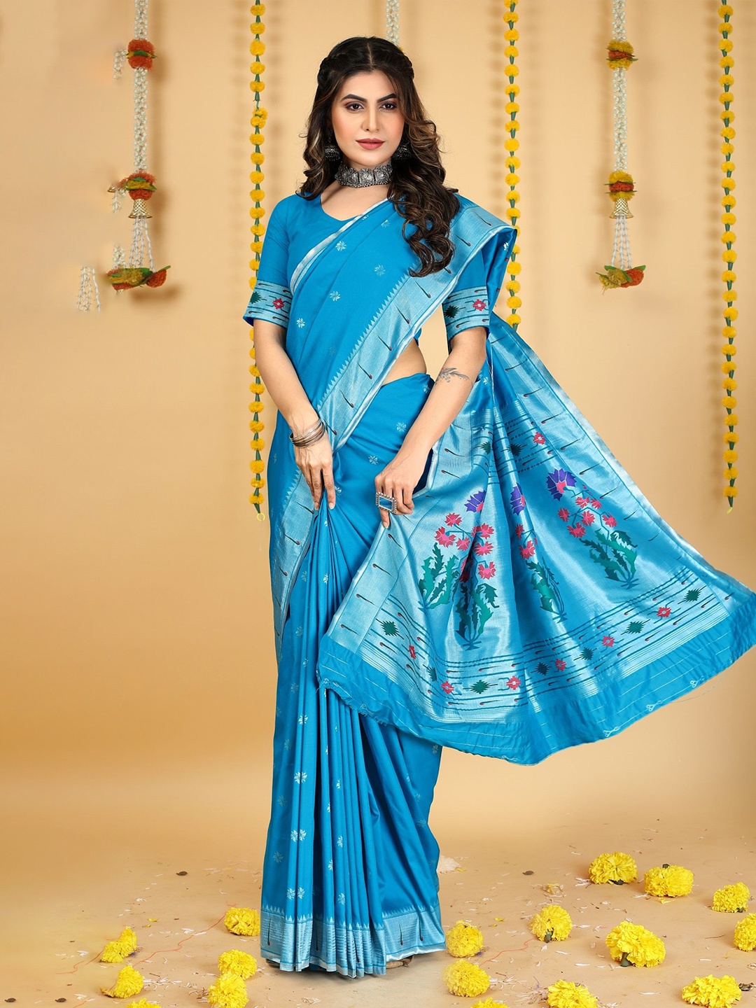 

LeeliPeeri Designer Woven Design Zari Silk Blend Paithani Saree, Blue