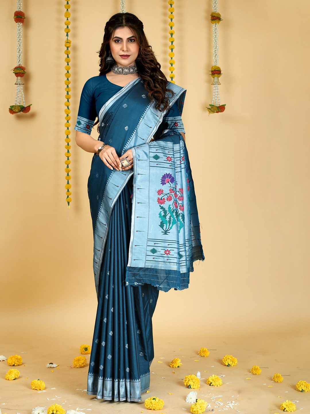 

LeeliPeeri Designer Woven Design Zari Silk Blend Paithani Saree, Teal