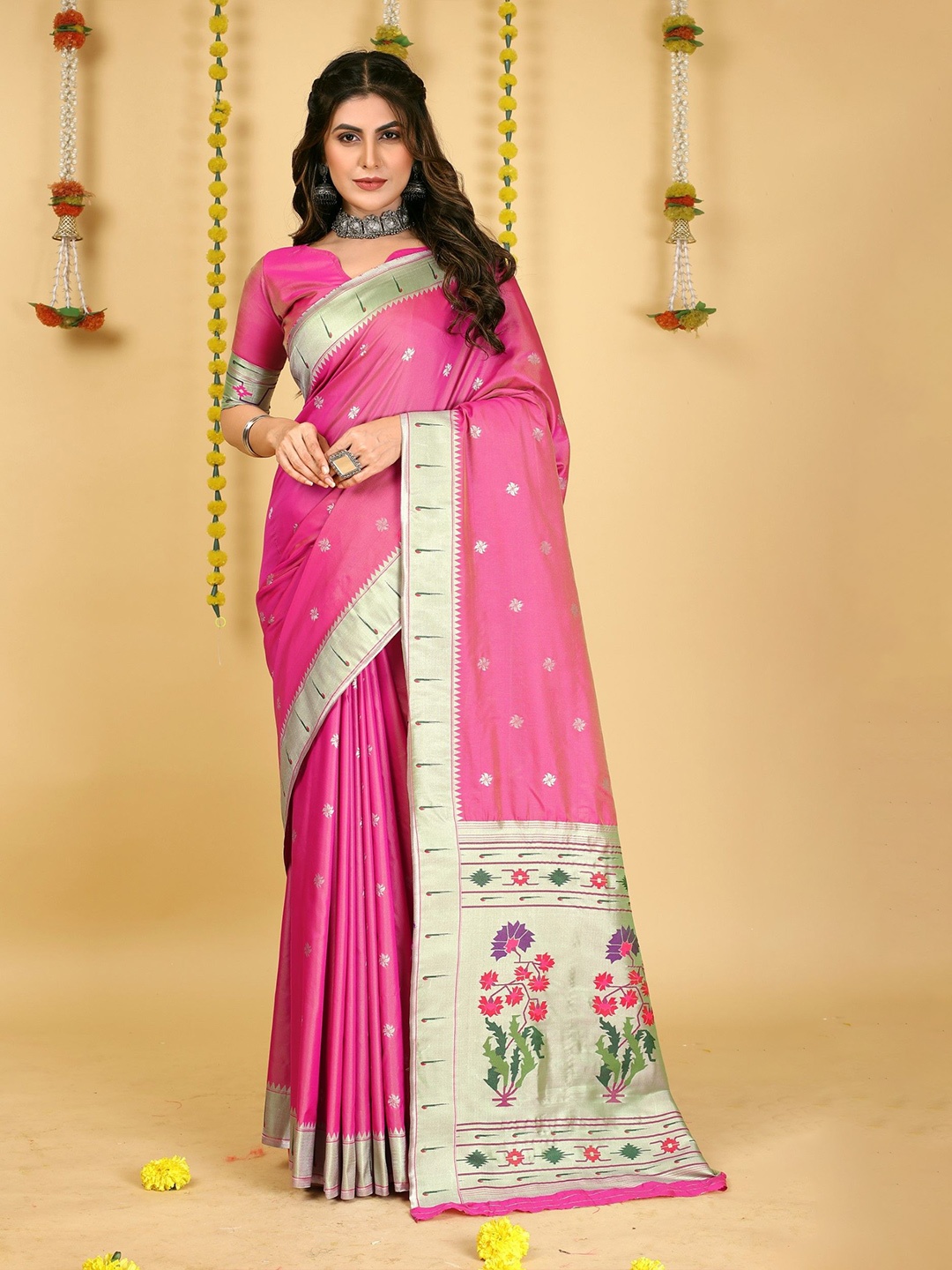 

LeeliPeeri Designer Woven Design Zari Silk Blend Paithani Saree, Pink