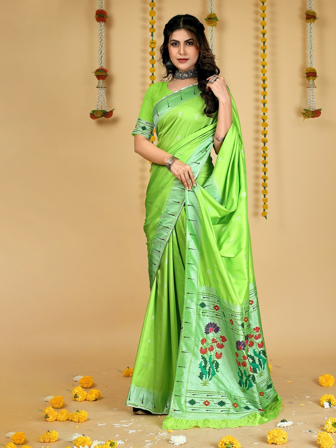 

LeeliPeeri Designer Woven Design Zari Silk Blend Paithani Saree, Lime green