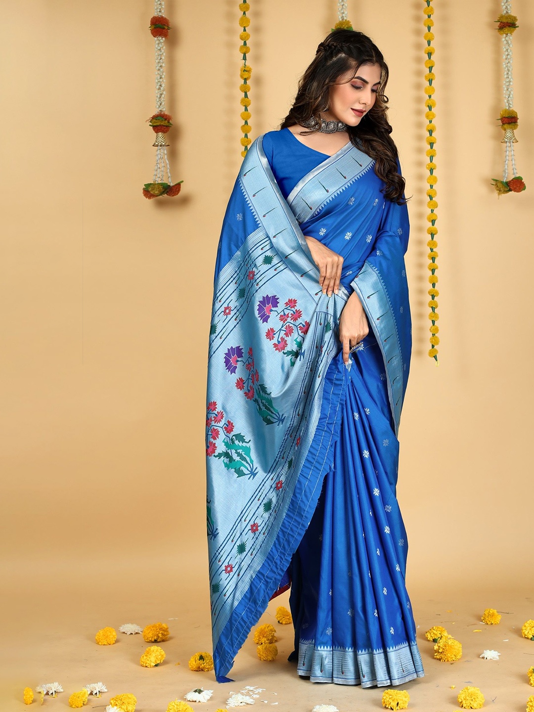 

LeeliPeeri Designer Woven Design Zari Silk Blend Paithani Saree, Navy blue