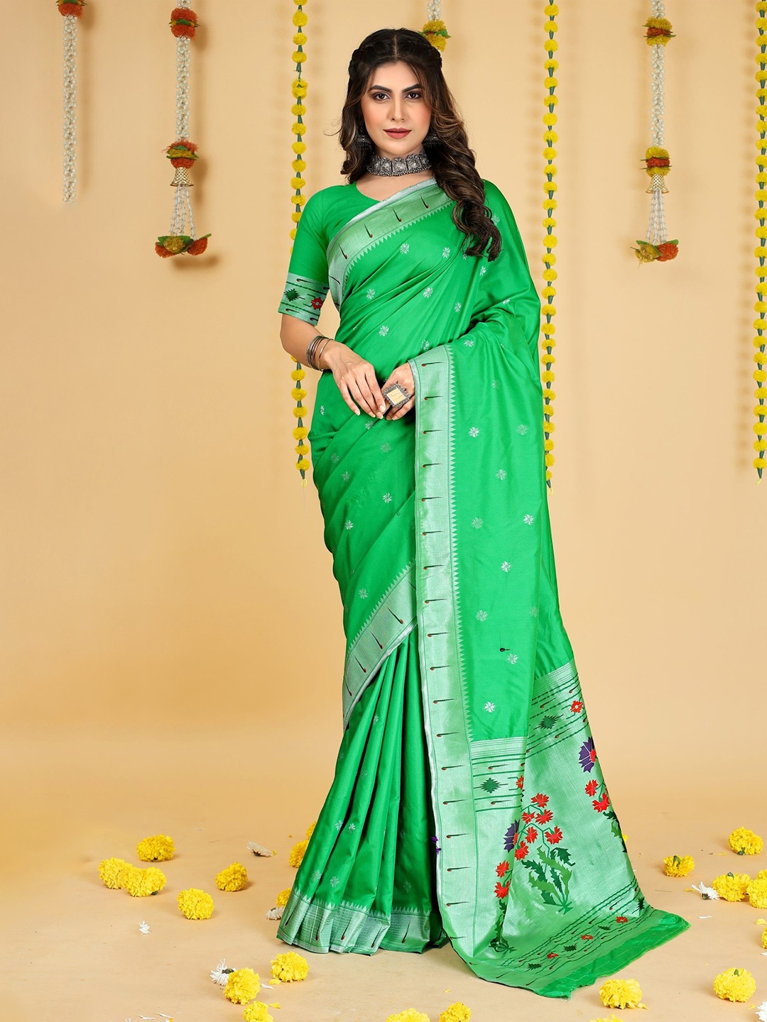 

LeeliPeeri Designer Woven Design Zari Silk Blend Paithani Saree, Green