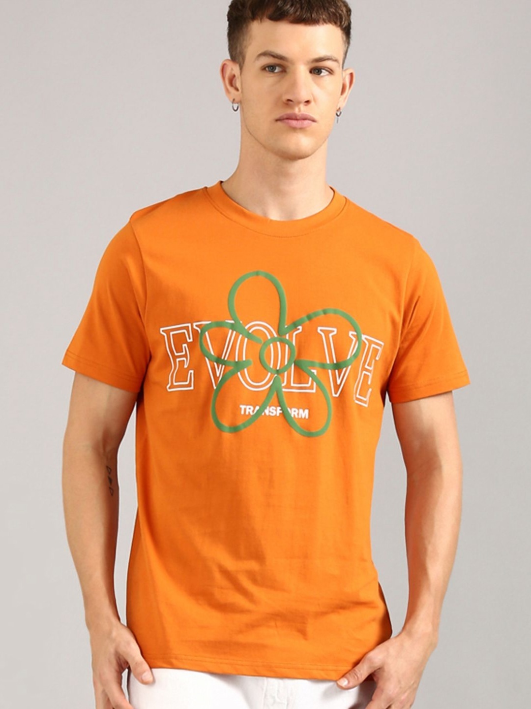 Joven Men Typography Printed Applique T-shirt, Orange