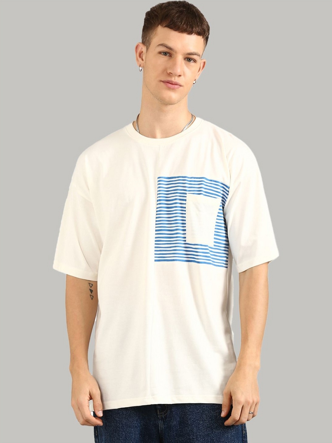 

Joven Men Striped Mandarin Collar Drop-Shoulder Sleeves Pockets T-shirt, White