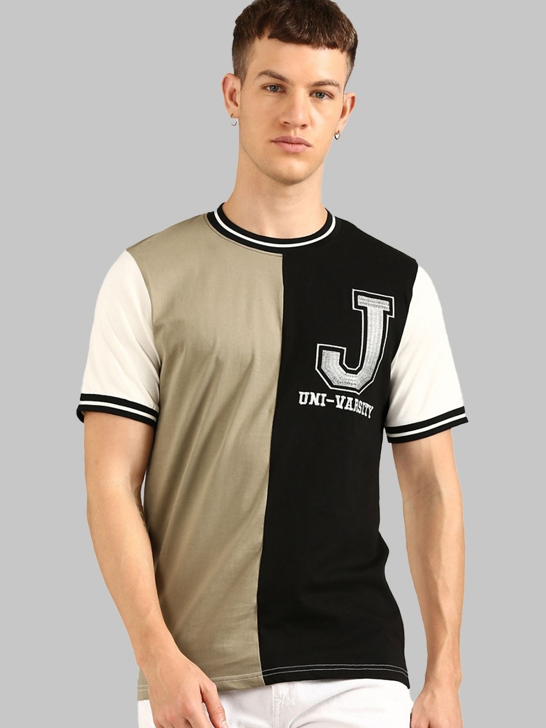 

Joven Men Typography Colourblocked Mandarin Collar Applique T-shirt, Multi
