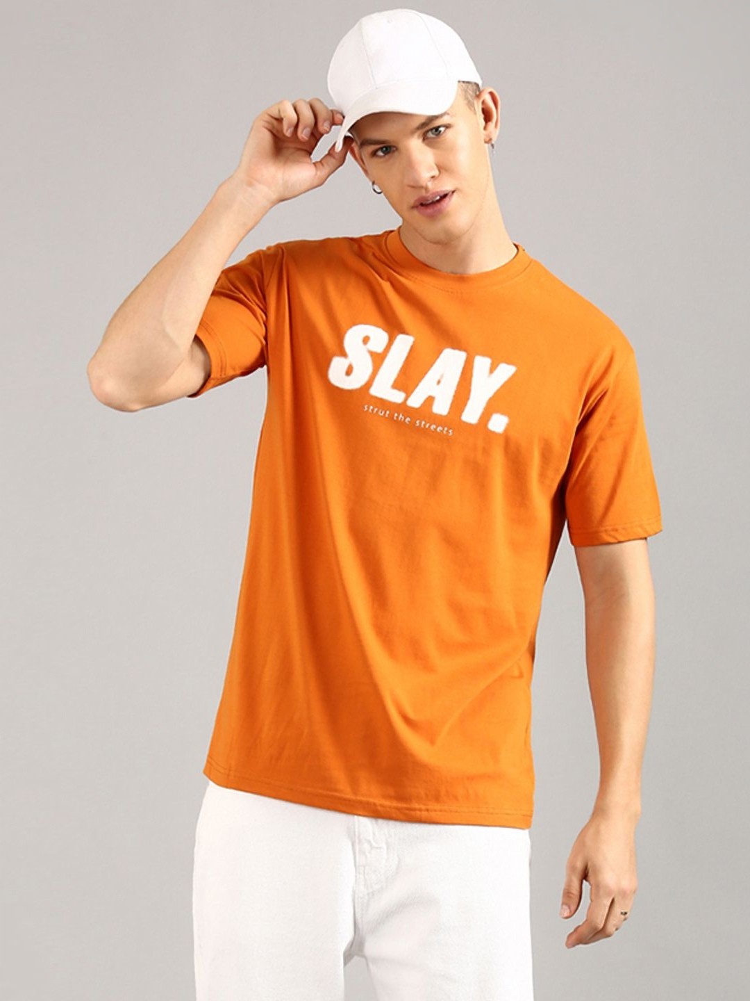 

Joven Men Typography Printed Drop-Shoulder Sleeves Applique T-shirt, Orange