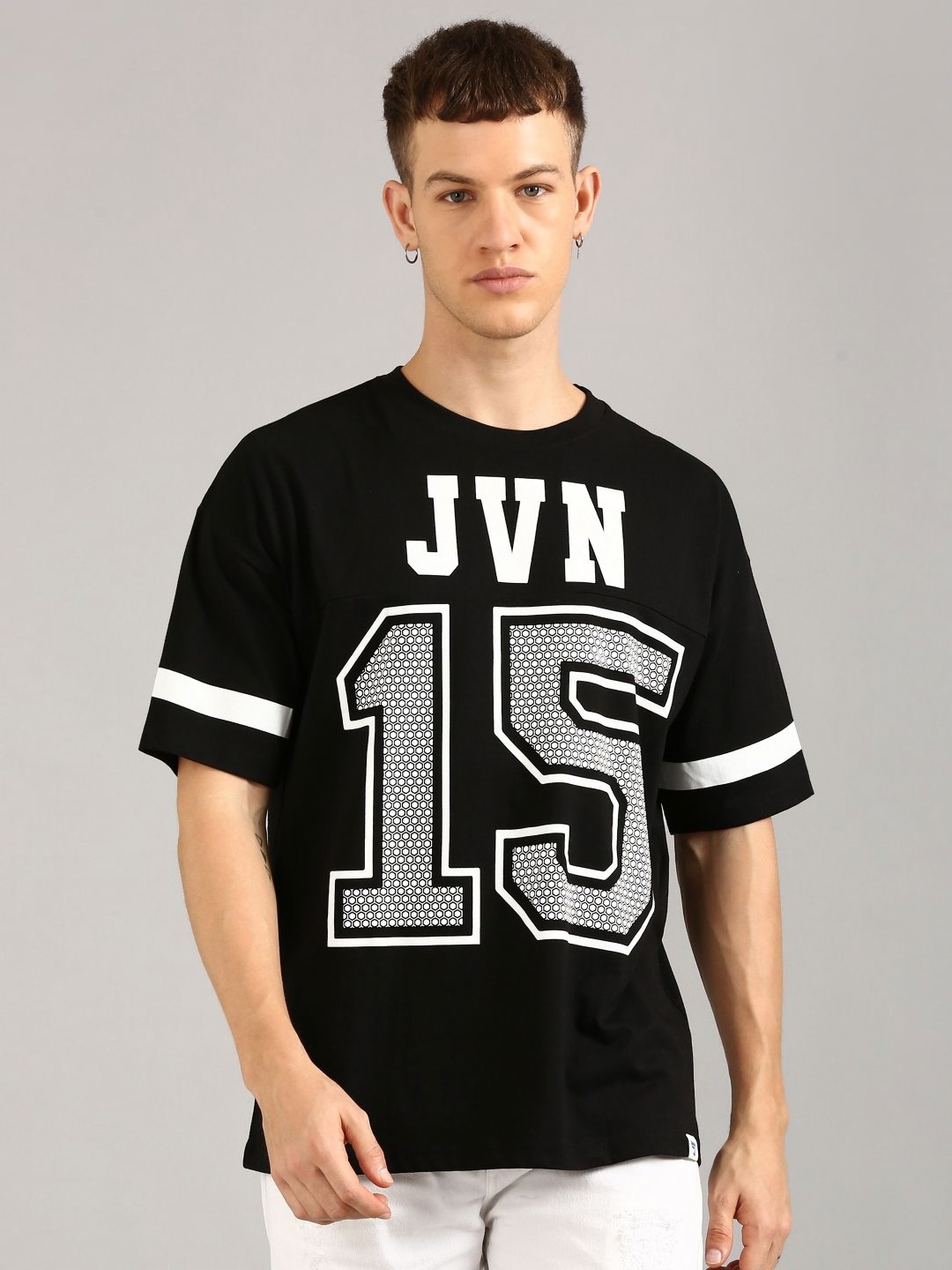 Joven Men Varsity Printed Applique T-shirt, Black