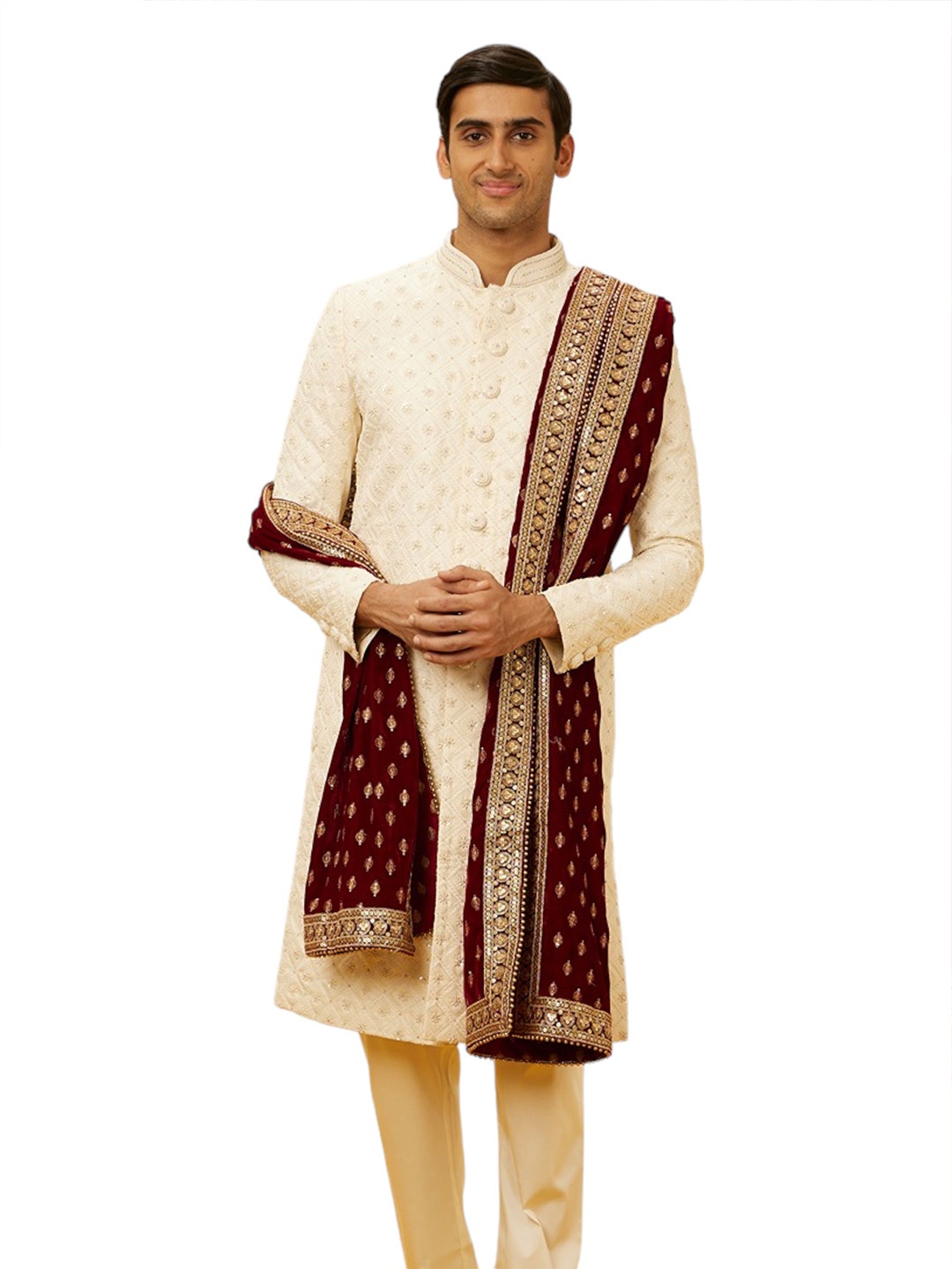 

Manyavar Men Ethnic Motifs Embroidered Velvet Dupatta, Maroon