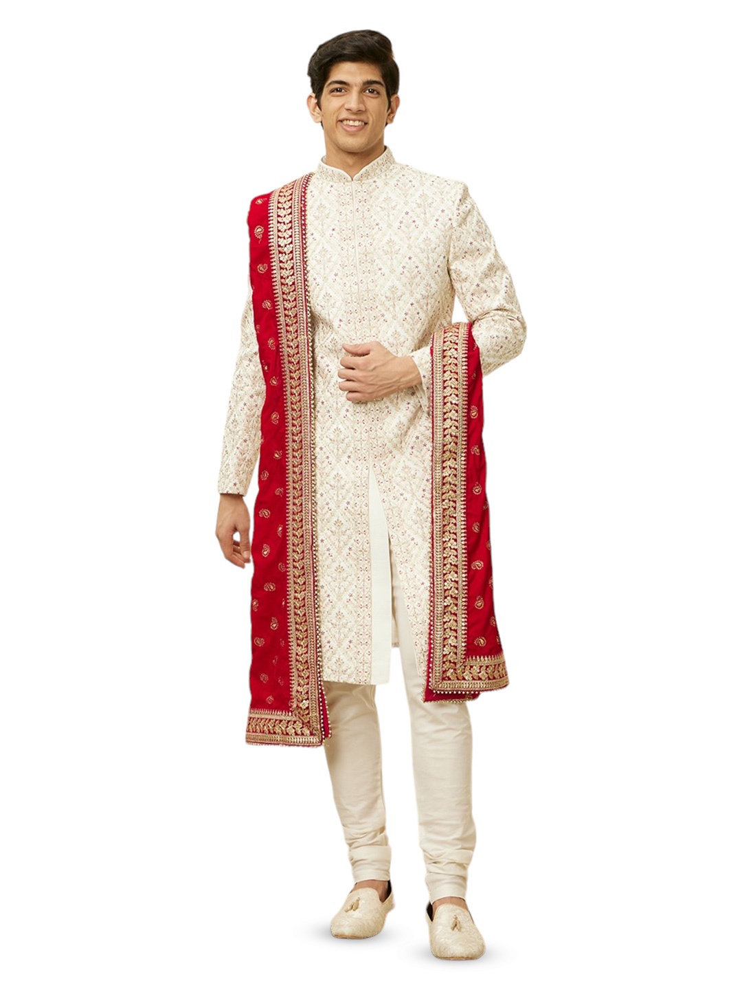 

Manyavar Men Embroidered Velvet Dupatta with Sequinned, Pink