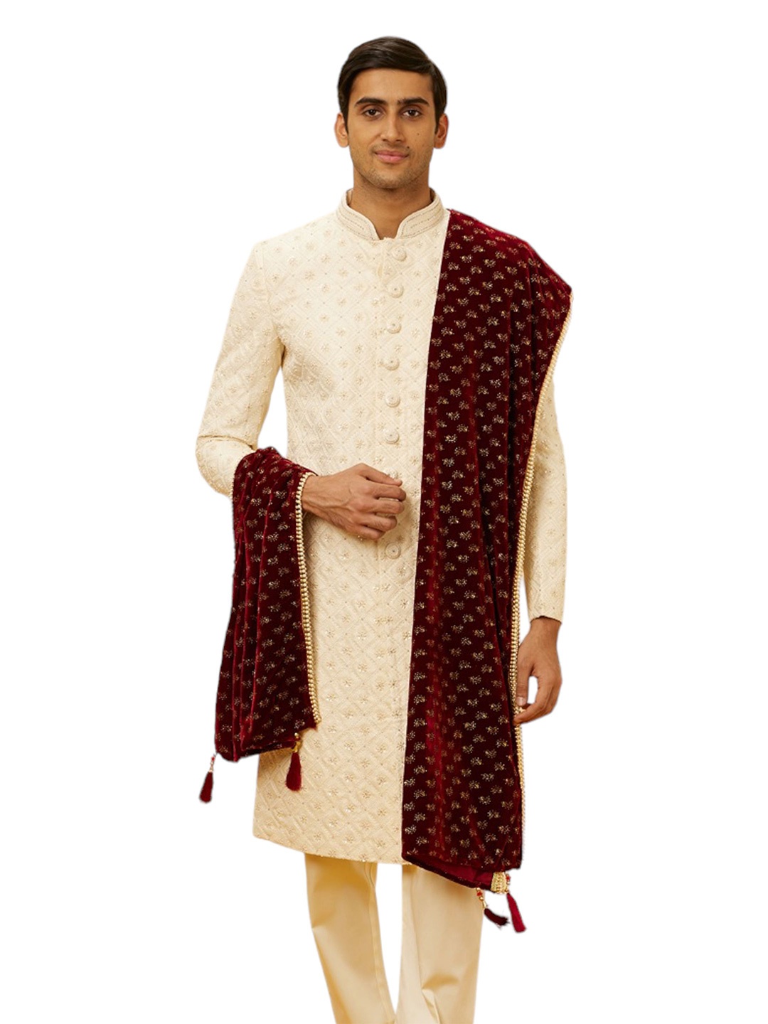 

Manyavar Men Ethnic Motifs Printed Velvet Dupatta, Maroon