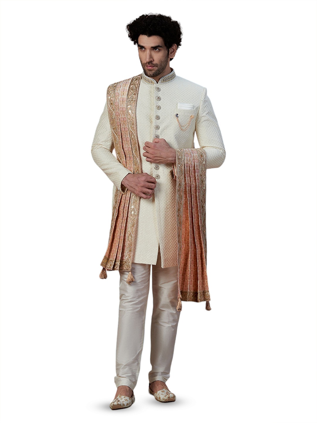 

Manyavar Men Ethnic Motifs Woven Design Dupatta with Sequinned, Coral