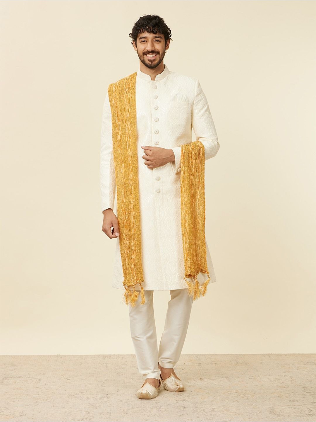 

Manyavar Men Ethnic Motifs Woven Design Art Silk Dupatta, Beige