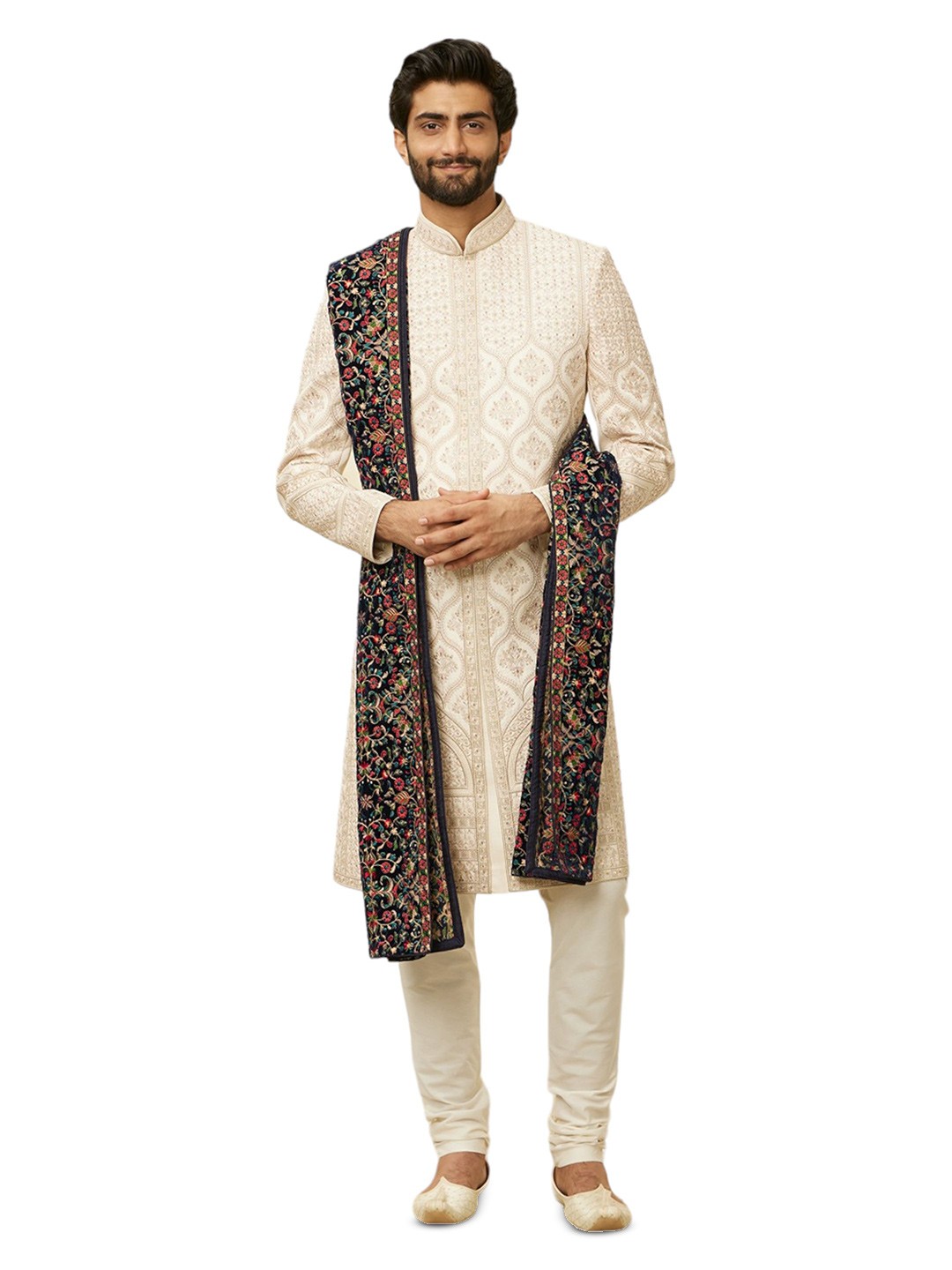 

Manyavar Men Embroidered Velvet Dupatta with Thread Work, Blue