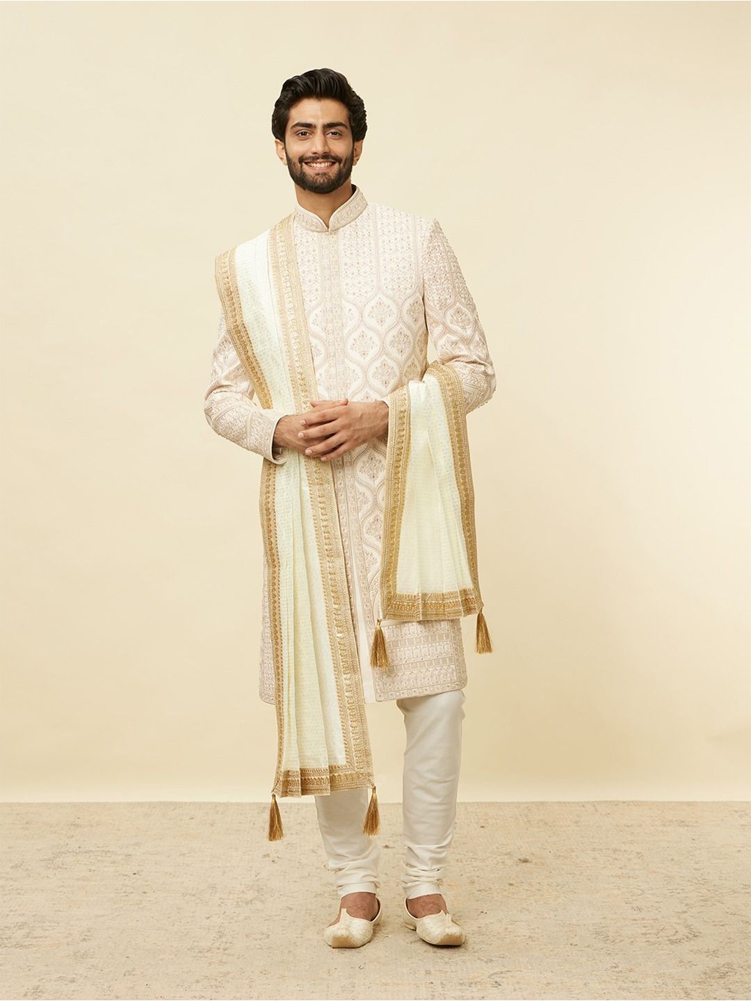 

Manyavar Men Ethnic Motifs Embroidered Art Silk Dupatta with Sequinned, Cream