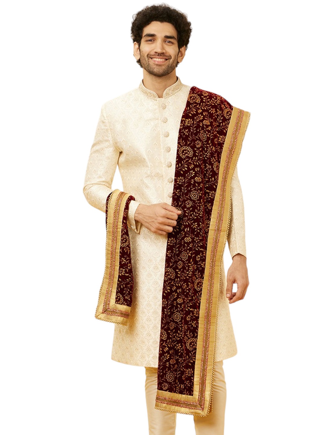 

Manyavar Men Ethnic Motifs Printed Velvet Dupatta, Maroon