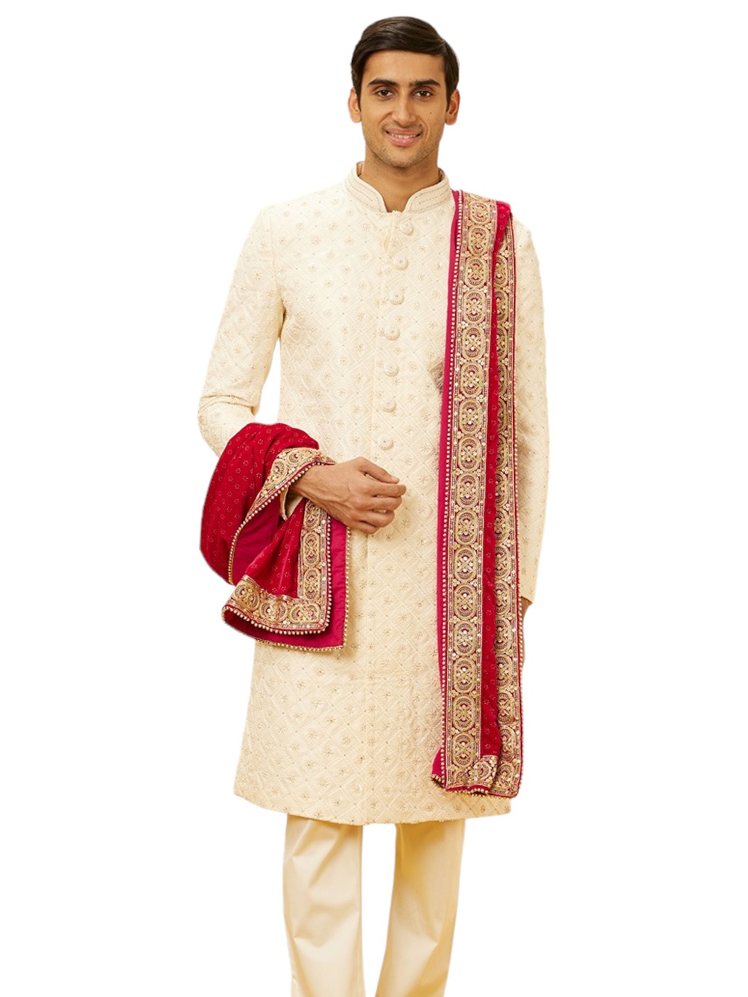

Manyavar Men Velvet Foil Print Dupatta with Sequinned, Red
