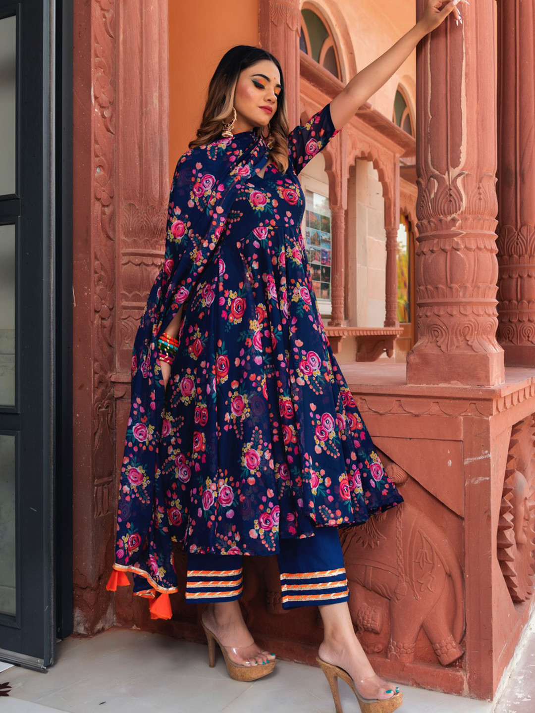 

Pomcha Women Printed Panelled Kurta with Palazzos & With Dupatta, Blue