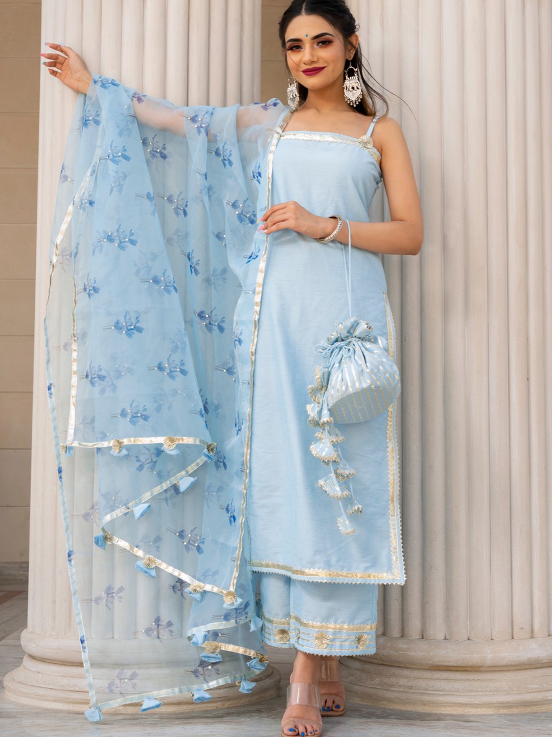 

Pomcha Women Regular Gotta Patti Kurta with Palazzos & With Dupatta, Blue