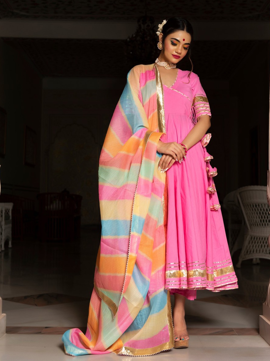 

Pomcha Women Regular Gotta Patti Pure Cotton Kurta with Salwar & With Dupatta, Pink