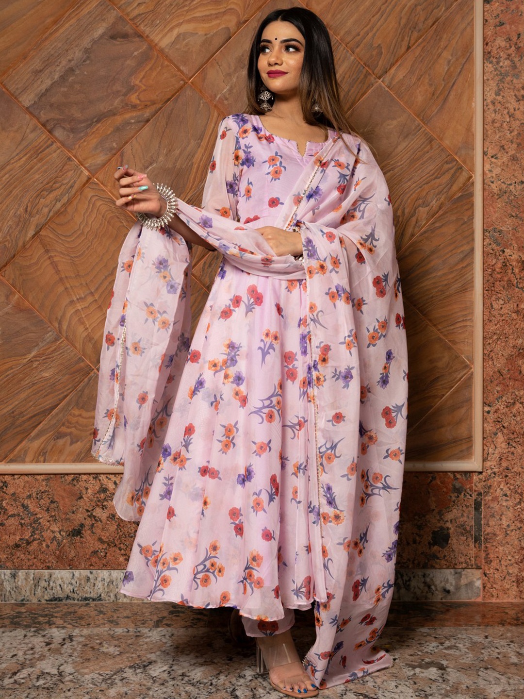

Pomcha Women Floral Printed Regular Kurta with Salwar & With Dupatta, Lavender