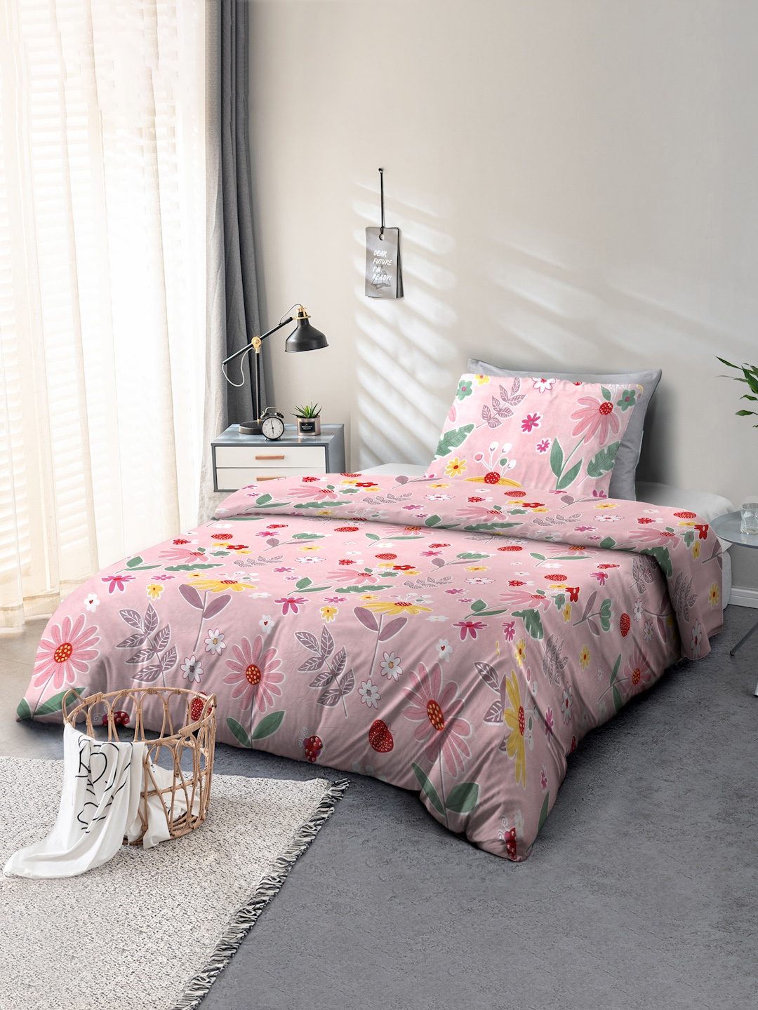 

Cortina Pink & Yellow Floral 104 TC Single Bedsheet with 1 Pillow Covers