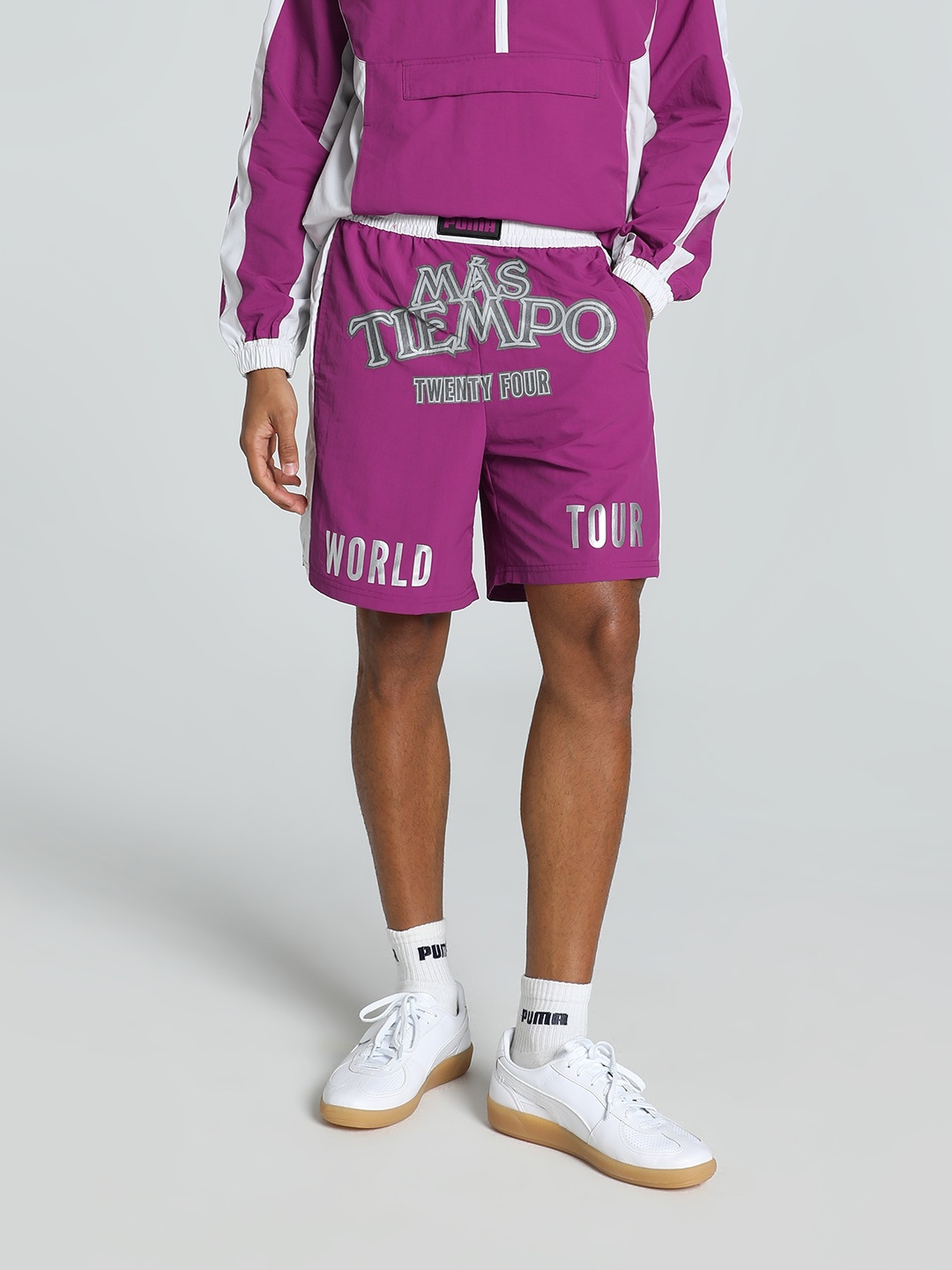 

PUMA x MS TIEMPO Men Water Repellent Typography Printed Relaxed Fit Outdoor Shorts, Purple