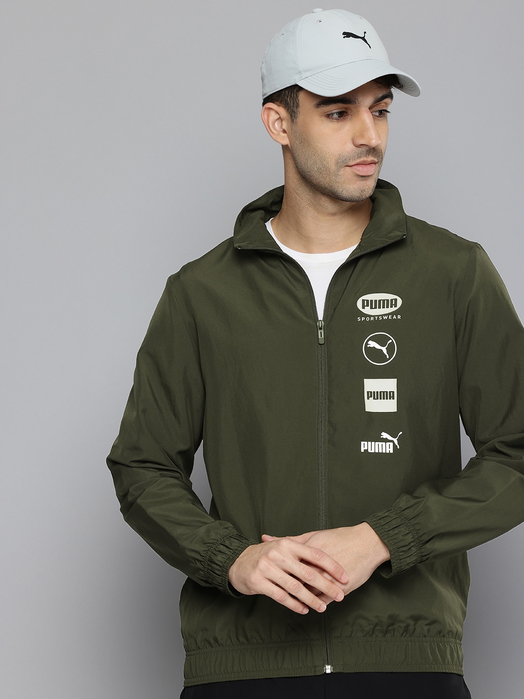 

Puma Brand Logo Printed Mock Collar Tracksuit, Olive